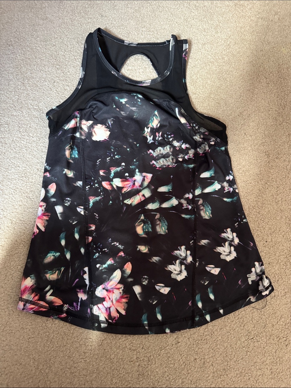 Fila Black Floral Racerback Tank Top with Pink & Teal Accents